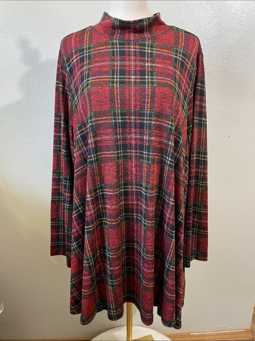 Holiday Plaid Mock Neck Swing Tunic Red John Mark 2X Long Sleeve Cozy Layering